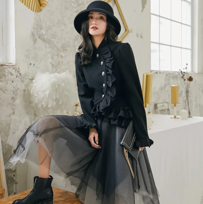 

LANMREM 2019 New Summer And Autumn Ruffles Collar Full Sleeves Single Breasted Pleated High Waist Short Jacket WG85801L