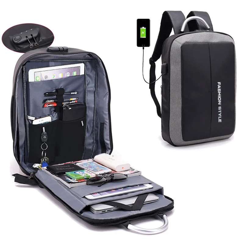 Anti thief USB Charging Men Backpack 15 inch Laptop Lock School Bag