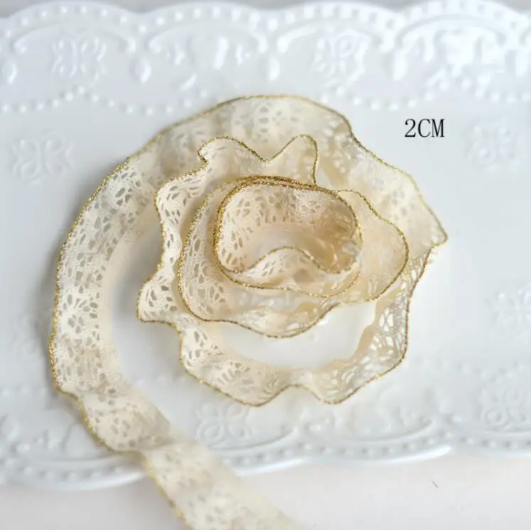 

5 Meters Beige with Gold Edge Cotton Elastic Ruffled Venice Guipure Stretch Lace Trim Crochet Lace Trim Fabric Applique 1.5cm