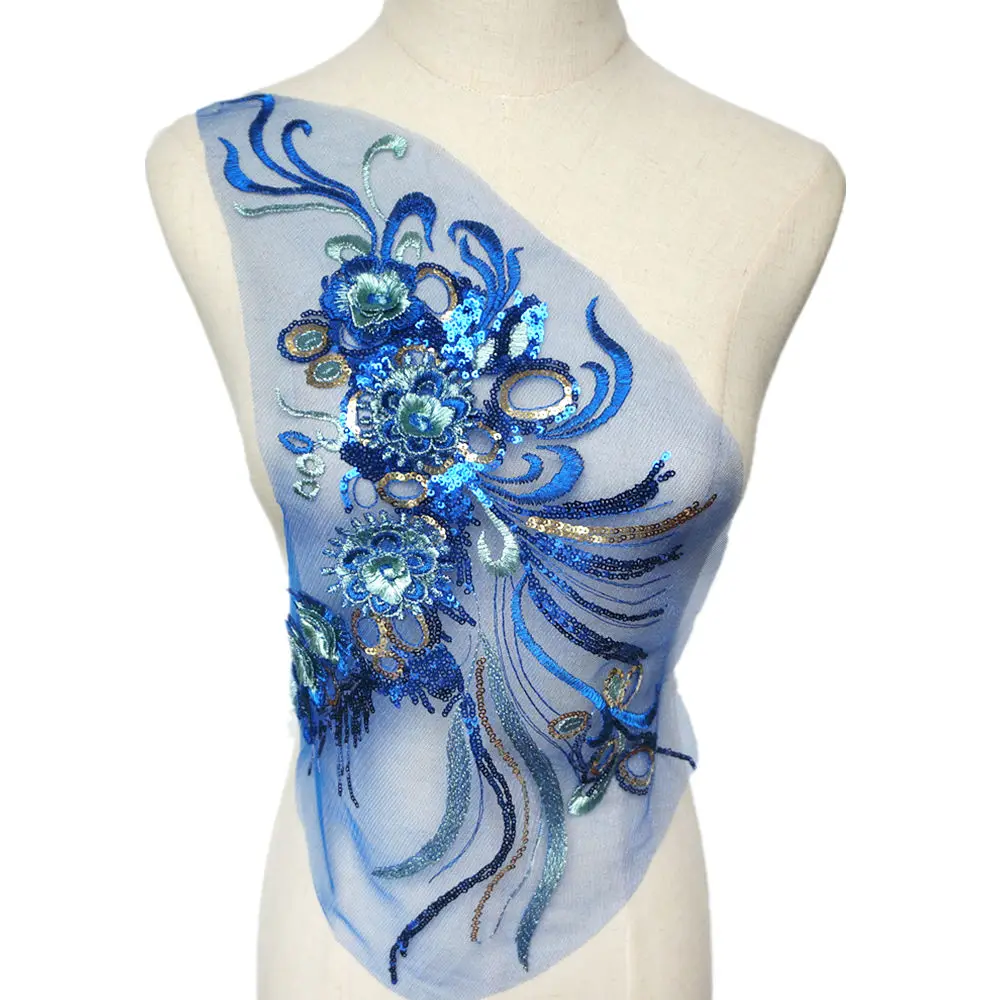 

Blue Gold 3D Flowers Sequins Tassel Embroidered Appliques Mesh Lace Trims Collar Sew On Patch For Wedding Decoration Dress DIY