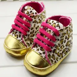 Горячая новорожденного ребенка для маленьких девочек леопардовый Хлопок кроватки туфли на шнуровке Prewalker первых шагов для 0-18 м