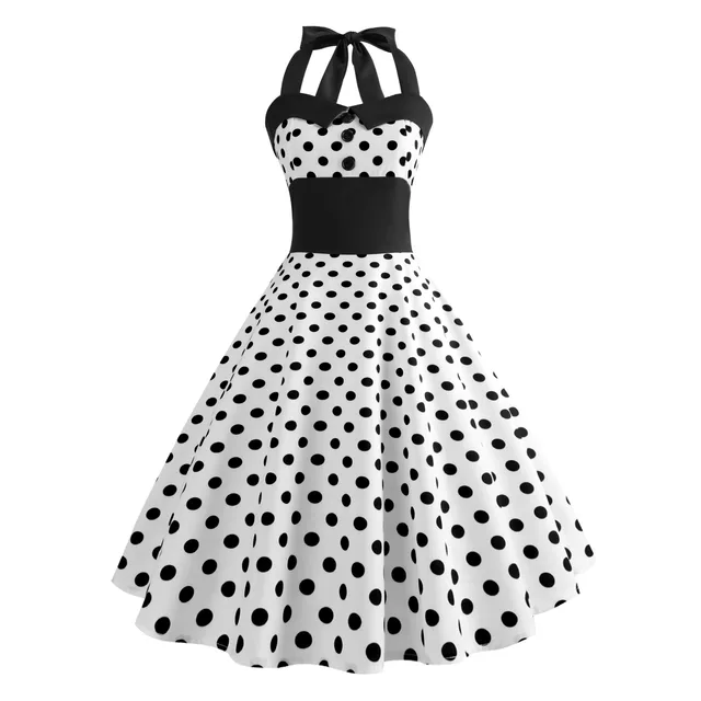 Retro Polka Dot Dress Women Knee-Length Strapless Halter Dress 50s 60s Gothic Robe Vintage Pin Up Rockabilly Summer Dresses