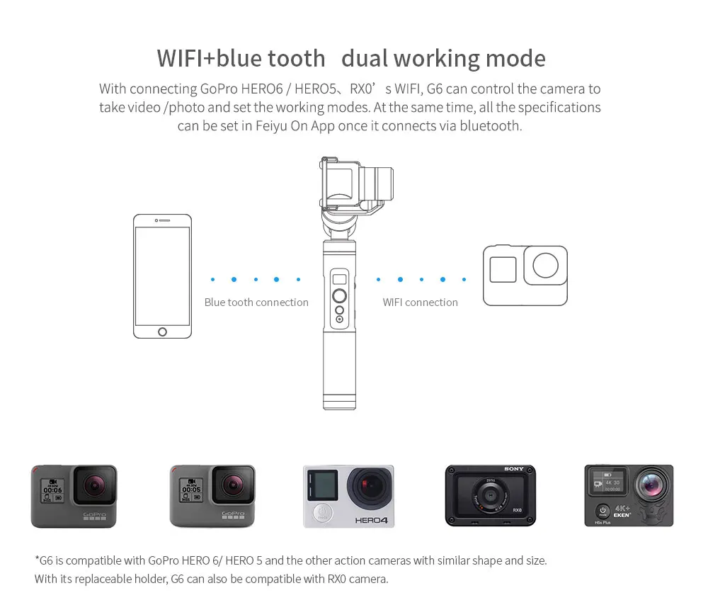 FY G6 ударопрочный ручной карданный экшн-камера Wifi+ синий зуб oled-экран угол высоты для Gopro Hero 6 5 для sony RX0