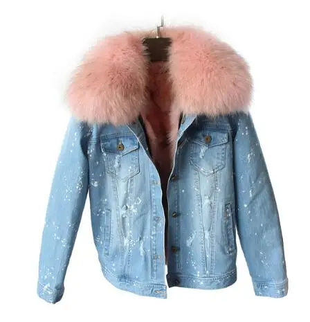 Подкладка из натурального Лисьего меха джинсовая куртка пальто parka100% большой воротник из меха енота Женское зимнее пальто джинсовая куртка - Цвет: 1