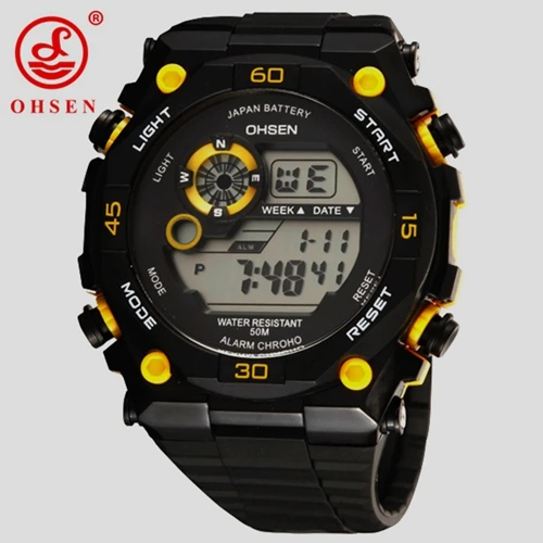 Популярный бренд OHSEN мужские светодиодный цифровые спортивные часы наручные мужские 50 м водонепроницаемые резиновые золотые модные дизайнерские часы - Цвет: Yellow