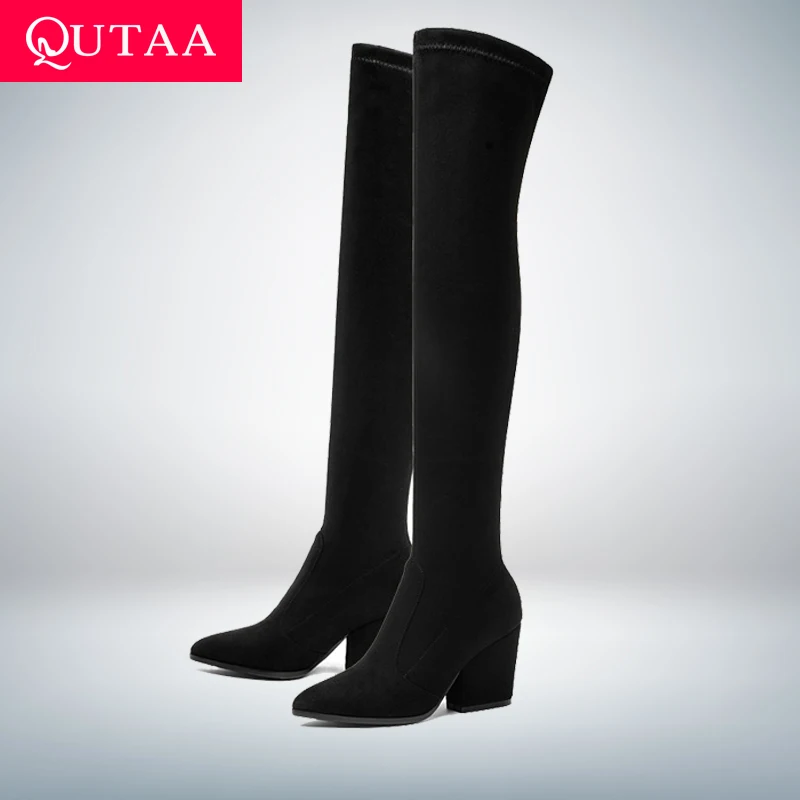 Comprar QUTAA 2020 mujeres sobre la rodilla botas altas zapatos de invierno de tacones de pezuñas puntiagudas Sexy de tela elástica botas de mujer tamaño 34 43