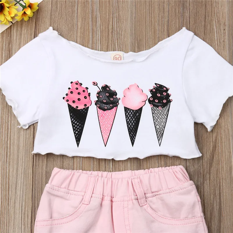 Уличная летняя одежда для девочек из 2 предметов детская одежда для маленьких девочек топы с рисунком мороженого+ рваные длинные штаны комплекты для маленьких девочек От 1 до 5 лет