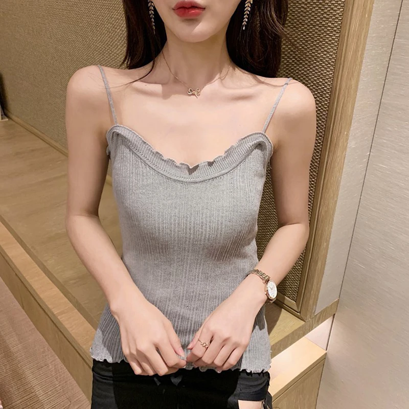 Sexy Knitted Tank Tops Women Ruched Strapless Short Cute Sweet V Neck Tank Beige Fitness Sweater Camisole 4 Colors