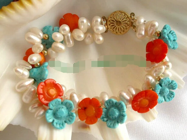 

FREE SHIPPING>>>@@ > 09833 2strands white freshwater pearls coral&turquoise flower bracelet