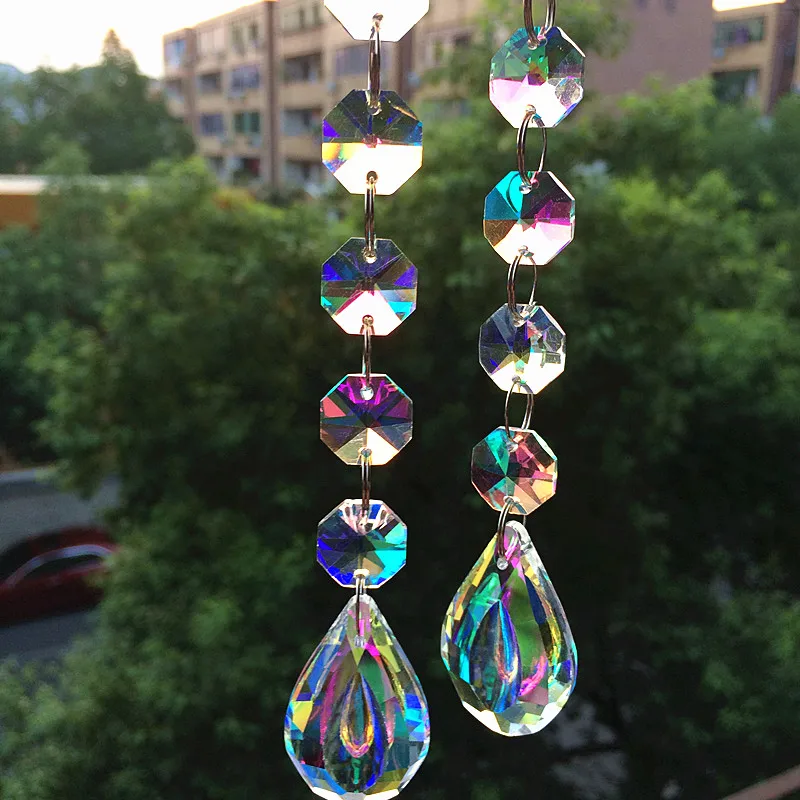 50pcs 16cm(H) K9 Crystal Octagon Rainbow Beads With 38MM Chandelier Pendants For Christmas Tree Hanging Decoration Wedding Decor