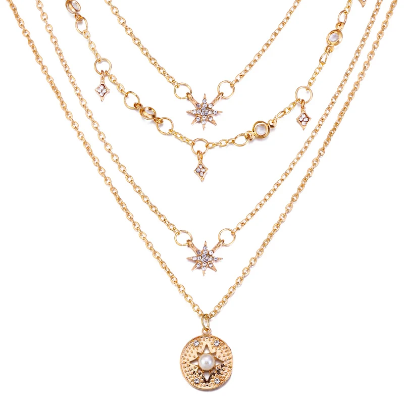 

Hesiod Multilayer Gold Color Alloy Chain Necklace Crystal Star Moon Map for Women Choker Necklace