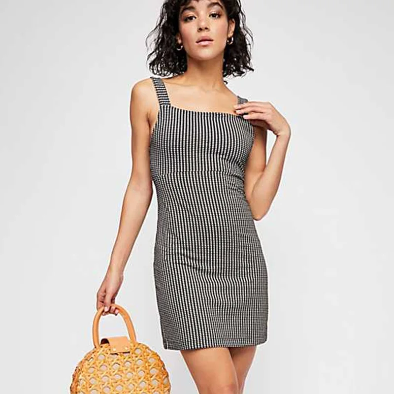 Hollow Out Bow Plaid Print Slim Dress Retro Strapped Square Collar Sexy Pencil Dresses Beach Style White+Black Backless Summer | Женская