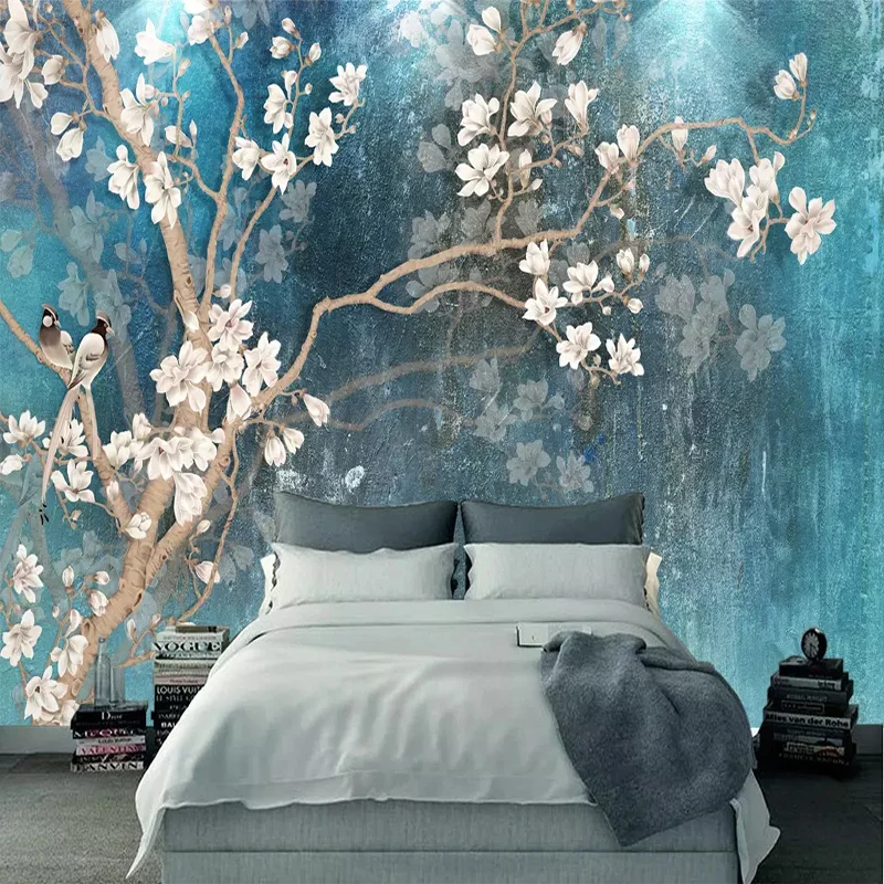 Пользовательские фото обои Современная Скандинавская Ретро синяя элегантная Нефритовая Фреска с орхидеями гостиная спальня фон настенная Ткань 3D Фреска