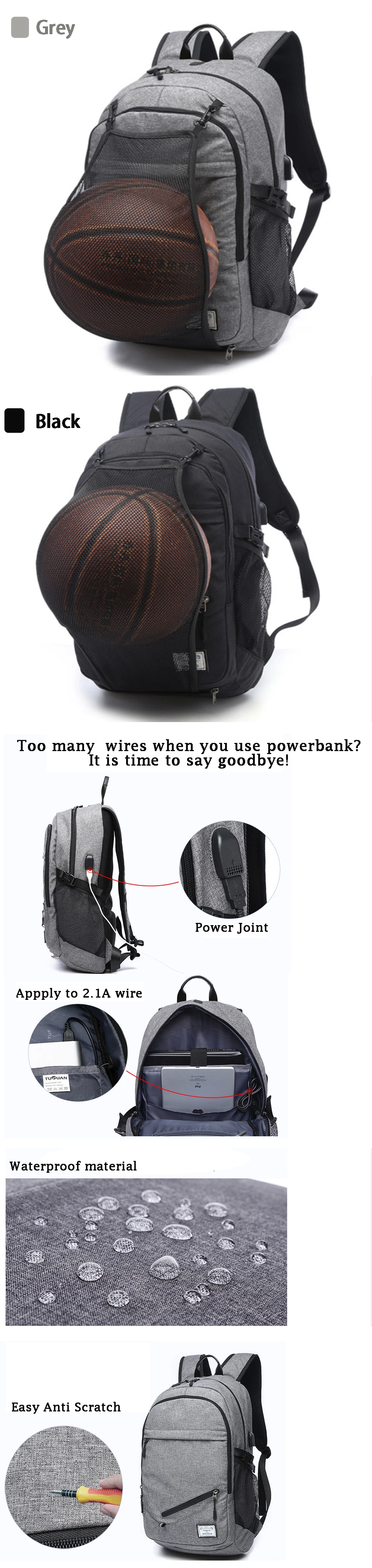 Многофункциональный баскетбольный рюкзак для мужчин с портом S, спортивная сумка, 15,6 дюймовый ноутбук с баскетбольной сеткой, usb порт для зарядки, мужская сумка