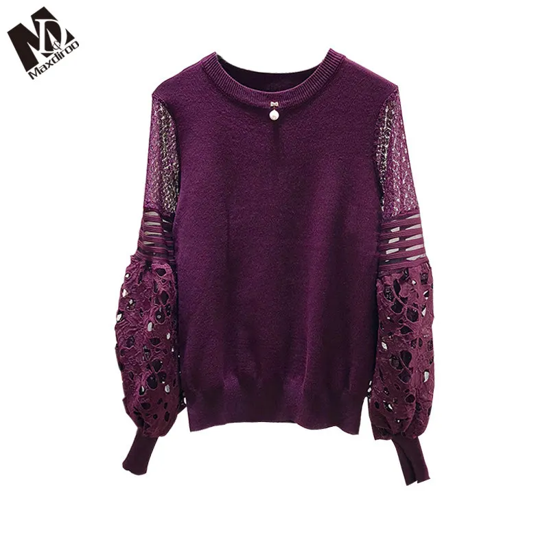MAXDIROO Women Spring Autumn Pearl Beading Hollow Out Lantern Sleeve Pullover And Sweaters Lace Patchwork Winter Pull Sweater | Женская