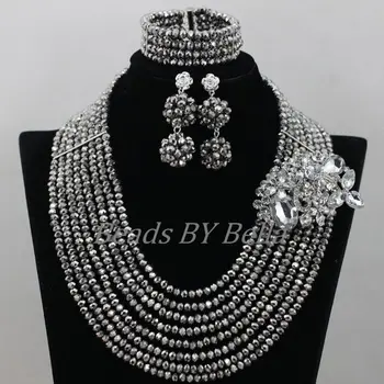

8 Layers Silver Crystal Beads Women Costume Necklace African Wedding Jewelry Sets Nigerian Bridal Jewelry Free Shipping ABK031