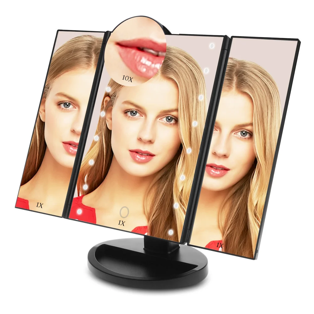 

LED Touch Screen 16 LEDs Light Makeup Mirror Table Desktop Makeup 1X/10X Magnifying Mirrors Vanity 3 Folding Adjustable Mirror
