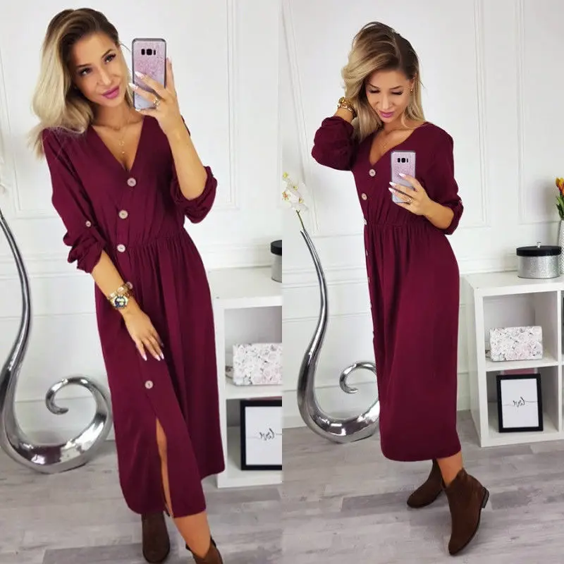 

MeiHuiDa 2018 New Style Women's Summer V Neck Dress Beach Button Pocket Deep V Neck Swing Sundress Holiday Dress