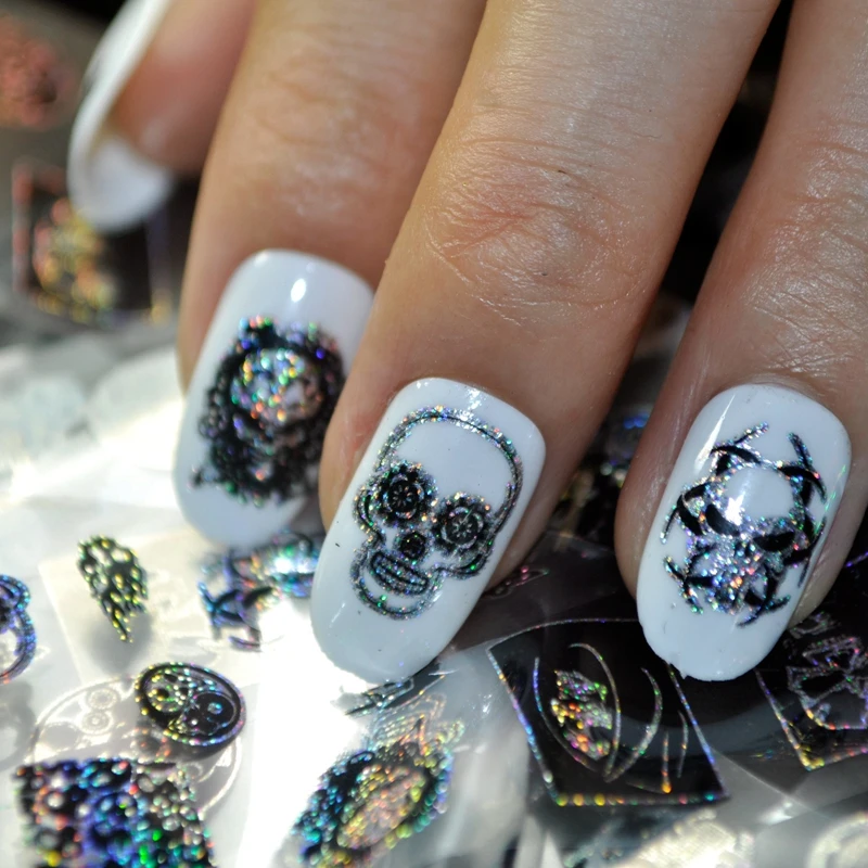 

1pc Halloween Laser Skull Nail Stickers Decals Mixed Style Nail Foils Wraps DIY Nail Decoration Patch