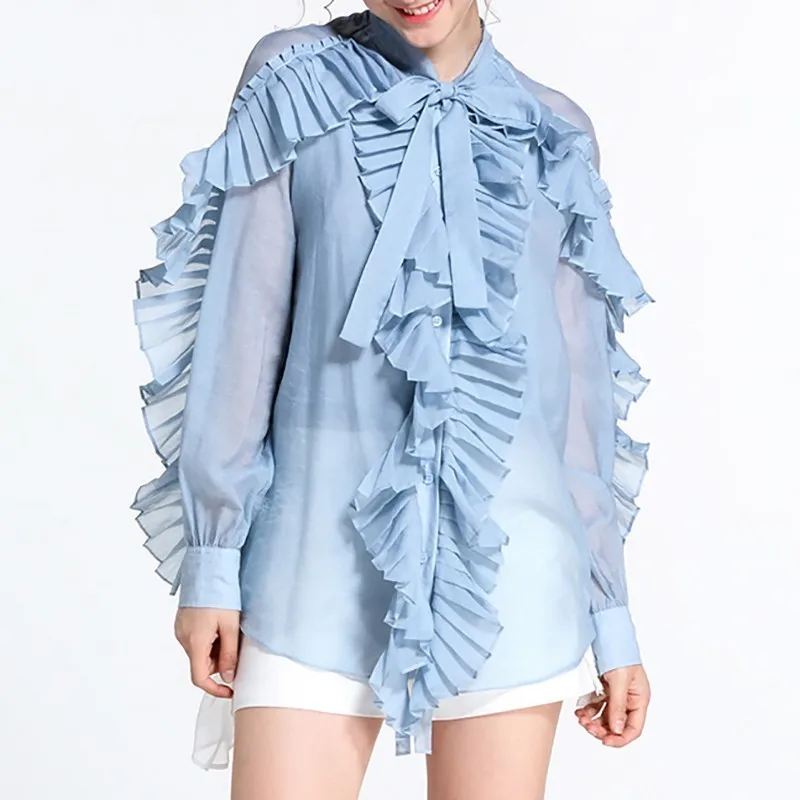 TWOTWINSTYLE, летняя перспективная рубашка для женщин, воротник с бантом, длинный рукав, плиссированная Блузка с оборками, Женская мода, новинка - Цвет: blue