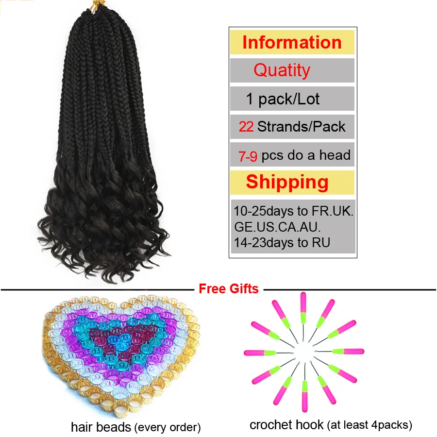 TOMO Crochet Hair Box Braids Curly Ends Synthetic Ombre Hair for Braid 22 Strands 14 18 24 Inch Braiding Extensions