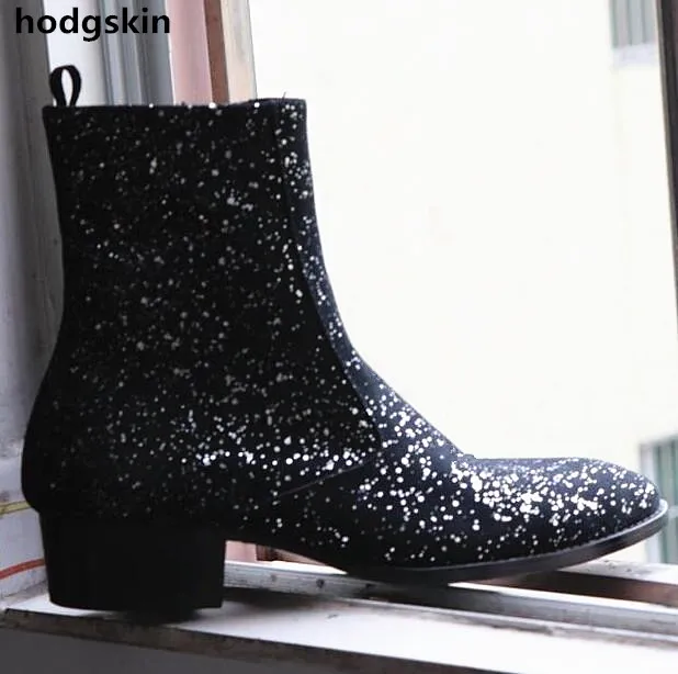 Männer Top Black De Mujer 2019 Botines Seite Bling As Stiefeletten Zipper Pic as Wildleder Pic Echtem Stiefel Schuhe Chelsea Ferse Leder Sapatos Niedrigen Shiny wnnFxYOq