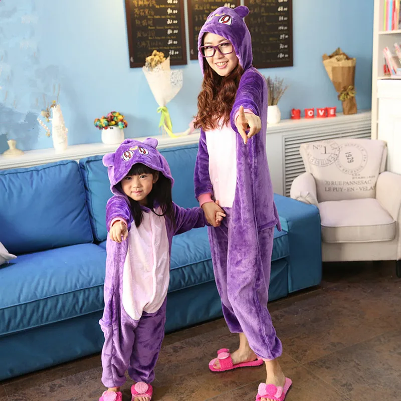 HKSNG Animal Moon Luna Cat Pajamas High Quality Flannel Family Party Cute Purple Onesies Cosplay Costumes Jumpsuits Kigurumi