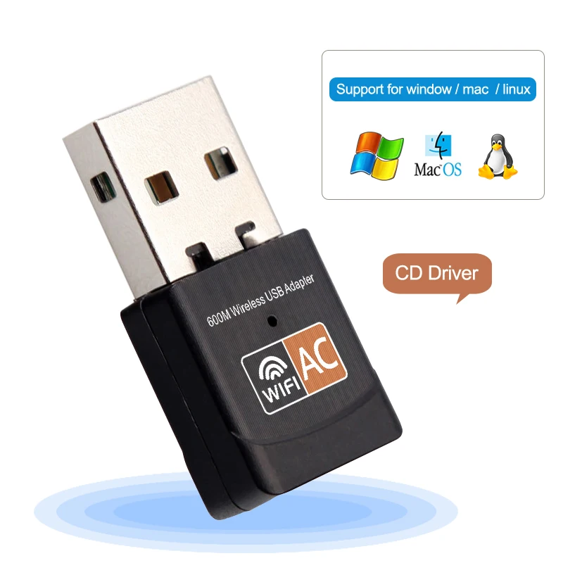 USB WiFi адаптер AC 600 Мбит/с ПК мини беспроводная Wifi антенна сетевая карта Двухдиапазонная 2,4+ 5,8 ГГц Lan Ethernet адаптер 802.11a/g/n/ac - Цвет: Black