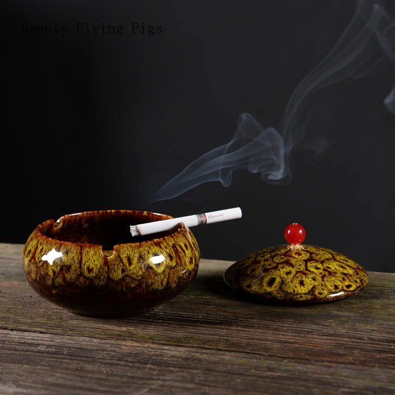 Прямая элегантный в китайском стиле портативная керамическая пепельница с крышкой с защитой от ветра, для использования вне помещения офис сигарета пепельница