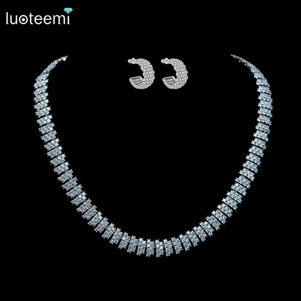 LUOTEEMI White Gold Plated Women Luxury Zircon Bridal Tennis Choker Necklace font b Earring b font