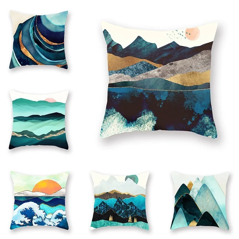 

Geometric Mountain Peaks Sun Creative Cushion Cover Office Living Room Watercolor Scenery Pattern Pillow Covers Home Decor