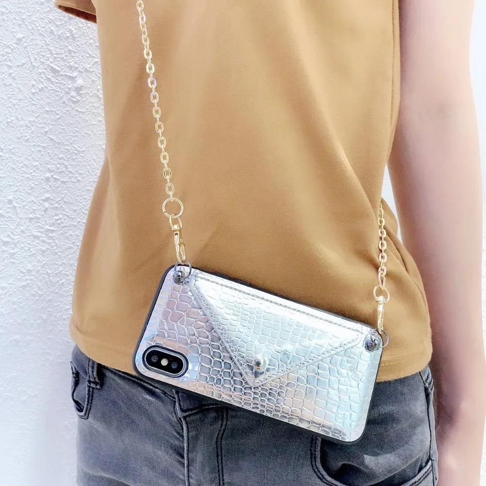 Case For iPhone X Xr Xs Max Case Sexy Snake Skin Laser Flip Wallet Neck Chain Card Slots Stand Case For iPhone 7 8 6S Plus Cover (5)