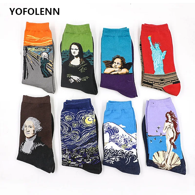 

6 pairs / lot Men's Casual Combed Cotton Socks Retro Oil Painting Crew Socks Women Funny Spring Happy Socks Sokken Calcetines