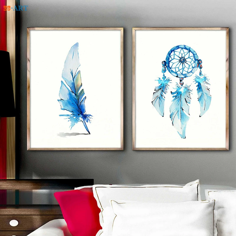 

Framed Canvas Printed Art Print Dream Catcher Blue Feather Wall Decor Watercolor Painting Feathers Poster Feather Minimalist Art