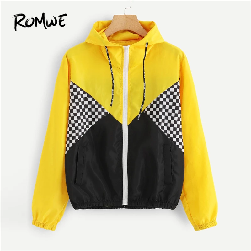 

ROMWE Autumn Jacket Women Gingham Panel Hooded Drawstring Zipper Coats And Jackets Casual Long Sleeves Outwear