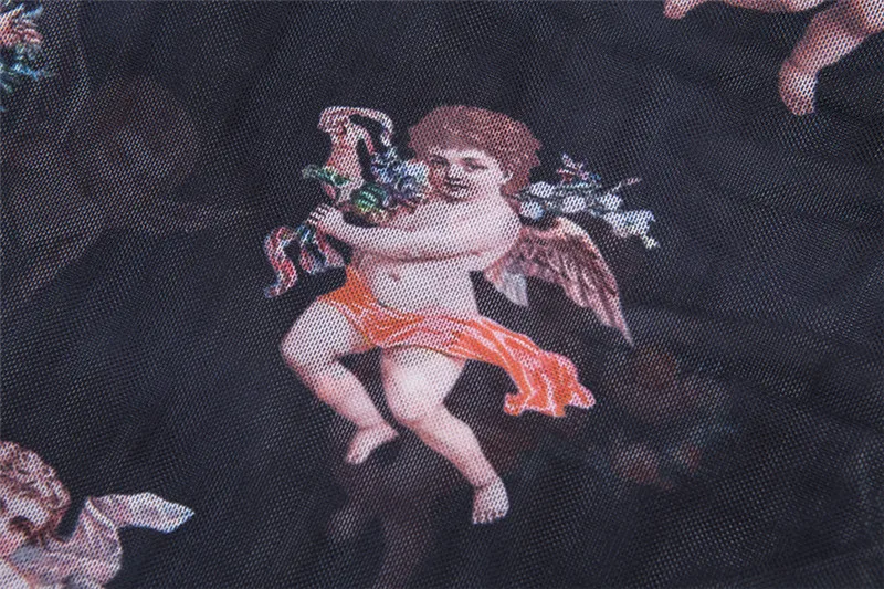 LVINMW, сексуальный черный сетчатый прозрачный ангел Купидон, короткий топ с принтом, весна, Женская водолазка с длинным рукавом, тонкие футболки