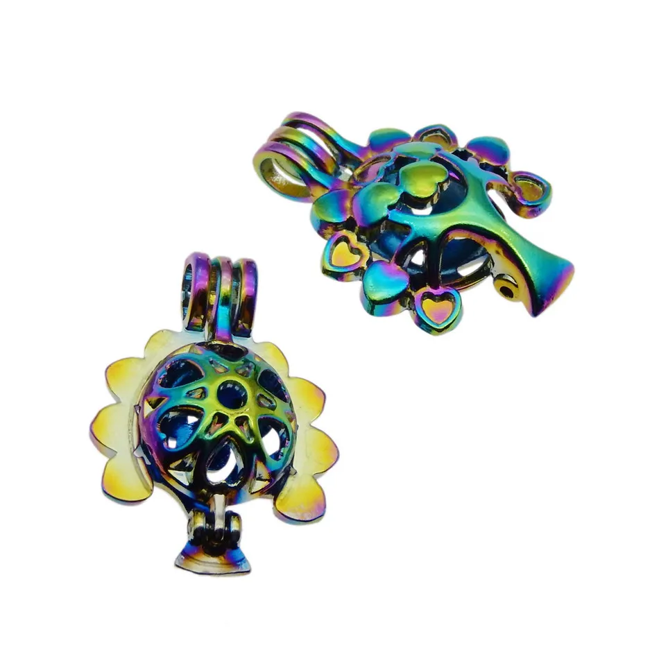 10pcs Rainbow Color Zinc Alloy Pearl Cage Pendants Life Tree Aromatherapy Essential Oil Diffuser Jewelry Necklace DIY Jewelry