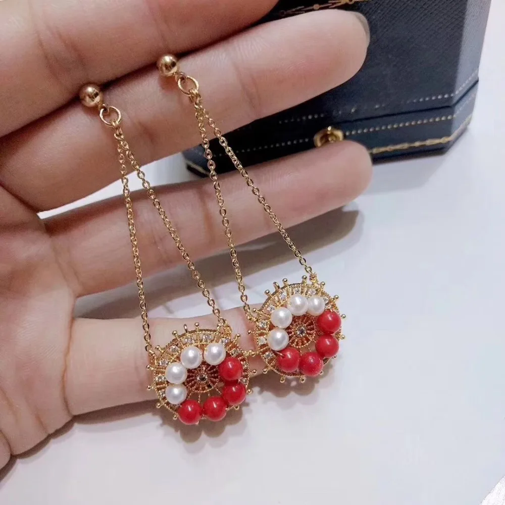 

Free Shipping Women Gold-Filled Red Coral Design Hand-Woven Annular Pearl Drop Earrings for Girls Fashion Gift