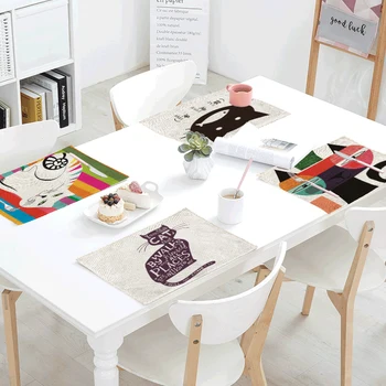 

Lovely Yellow Geometric Cats Table Napkins For Wedding White Letter 42*32cm Kids Like Table Set Home Decoration Bowl Dining Mats