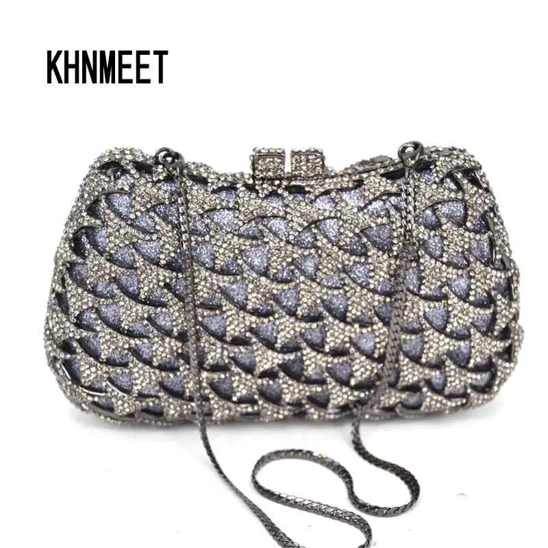 Gray Luxury Crystal Diamond Clutches Women Diamante Evening Bag Factory