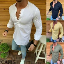 Горячая Распродажа, стиль, мужская облегающая футболка с v-образным вырезом и длинным рукавом, Повседневная футболка на пуговицах