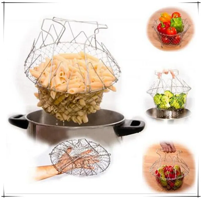 

1pcs High Quality Foldable Steam Rinse Strain Fry French Chef Basket Magic Basket Mesh Basket Strainer Net Kitchen Cooking Tool