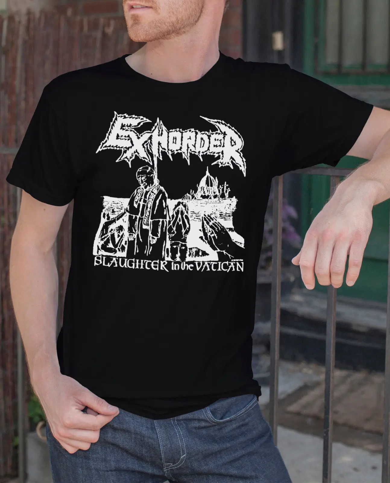 Мужская футболка Exhorder черная с металлической лентой S-3XL круглым вырезом