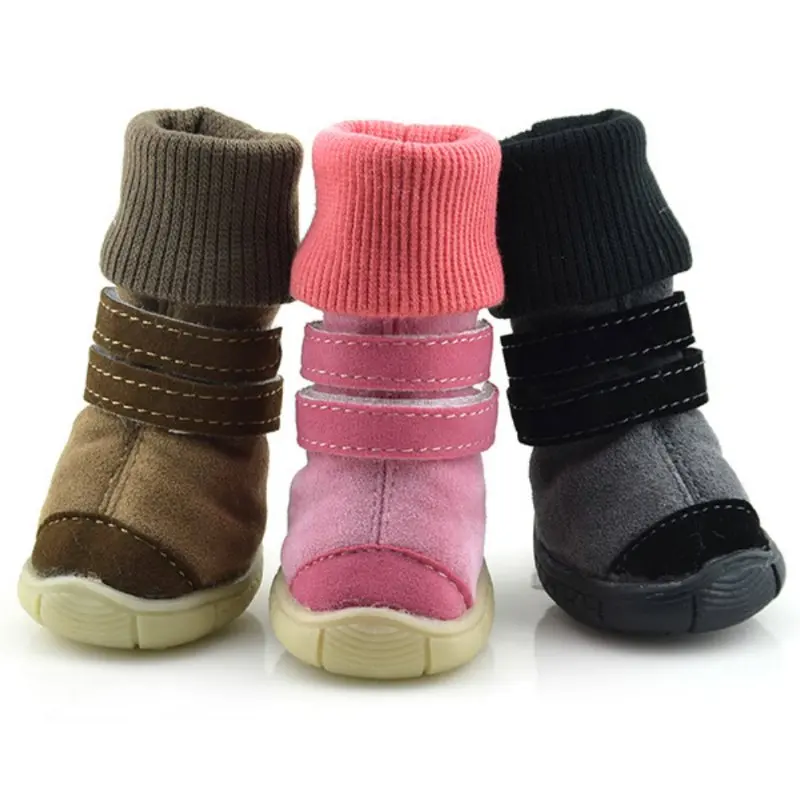 

XS-XL Pets Winter Shoes Warm Anti-slip Soft Leather Cashmere Waterproof Warm Booties Boots Belt Decoration Dog Winter Shoe