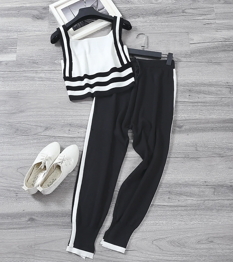 

Women Striped Camisole Pants Sets Short Style Straps Shirts Pencil Pant 2PCS Suits Woman Summer Clothing Set
