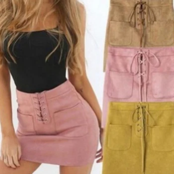 

Fashion Suede Lace Up Bandage Skirt High Waist Party Pencil Short Mini Skirt Summer Elegant Mini Skirt 3 Colors