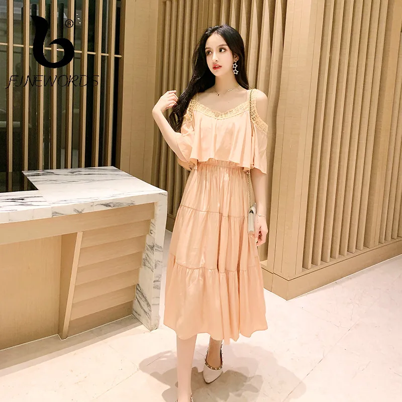 

FINEWORDS Korean Chic Sexy Strapless Summer Dress 2019 Loose Beach Dress High Waist Solid Short Sleeve A Line Vintage Dresses