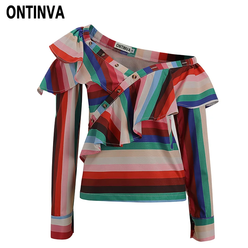 

Sexy Rainbow Color Striped Ruffles Blouse Fashion Skew Collar with Button Women Plus Size 5XL 4XL Long Sleeve Blusas Shirt Tops