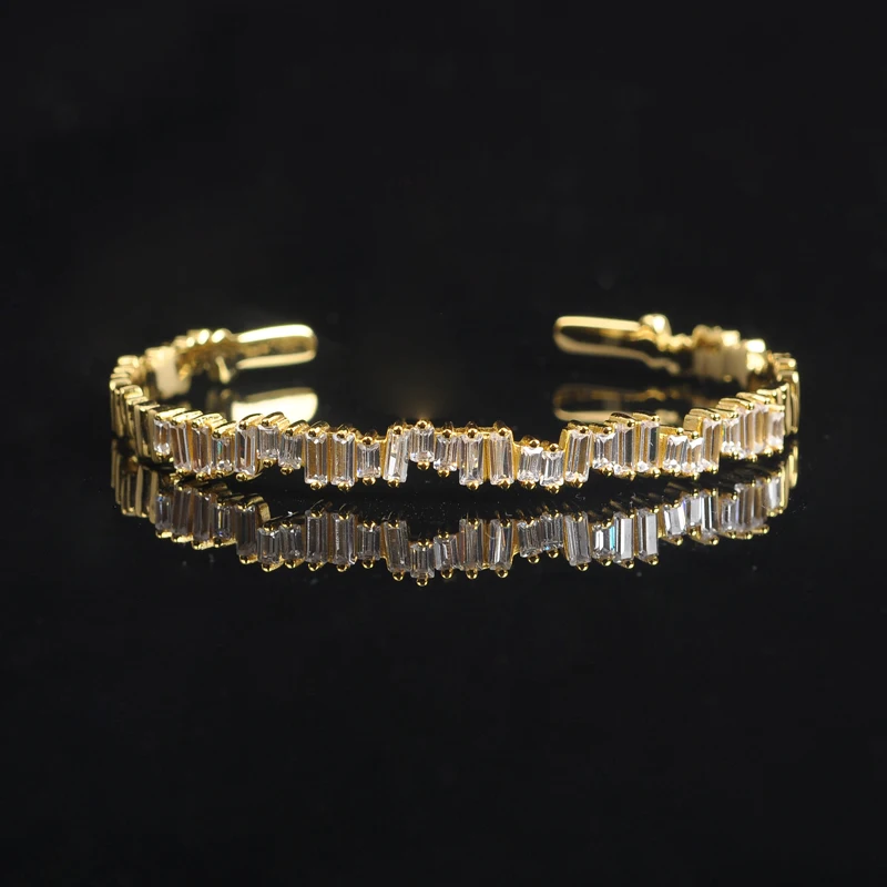 

Luxury Shinny Cubic Zirconia Baguette Bracelet Bangles Fashion Jewelry Man Women Gold Color Cuff Bracelets Birthday Gifts B-016