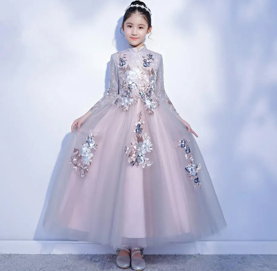 

Long Trailing Tulle Girls Pageant Dress Flower Girl Dress for Wedding Floral Girls Party Princess First Communion Gowns HW2255